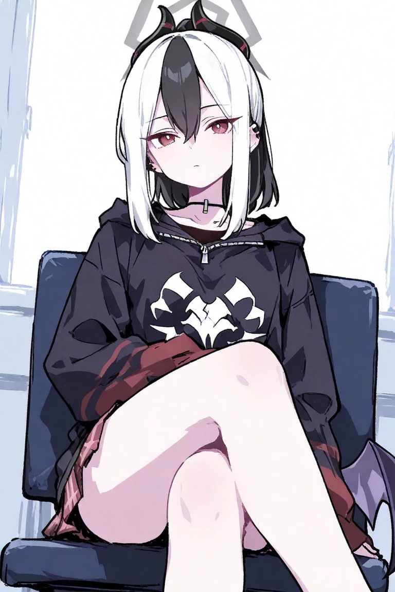 ((best quality)), ((highly detailed)), masterpiece, absurdres, (white hair with black bang),(detailed eyes, deep red eyes), (1girl), yandere trance, yandere, hands on own face, hands on own cheeks, shaded face, ((glowing eyes)), (upper body), hexmaniacms, ((@.@)), bags under eyes, ahoge, headband, black hair, pale skin, big breasts, , black clothes, (at a cafe, coffee, noon),
BREAK black hoodie, choker, hood, hoodie, pleated skirt, skirt, red skirt,
BREAK (masterpiece:1.2), best quality, high resolution, unity 8k wallpaper, (illustration:0.8), (beautiful detailed eyes:1.6), extremely detailed face, perfect lighting, extremely detailed CG, (perfect hands, perfect anatomy),