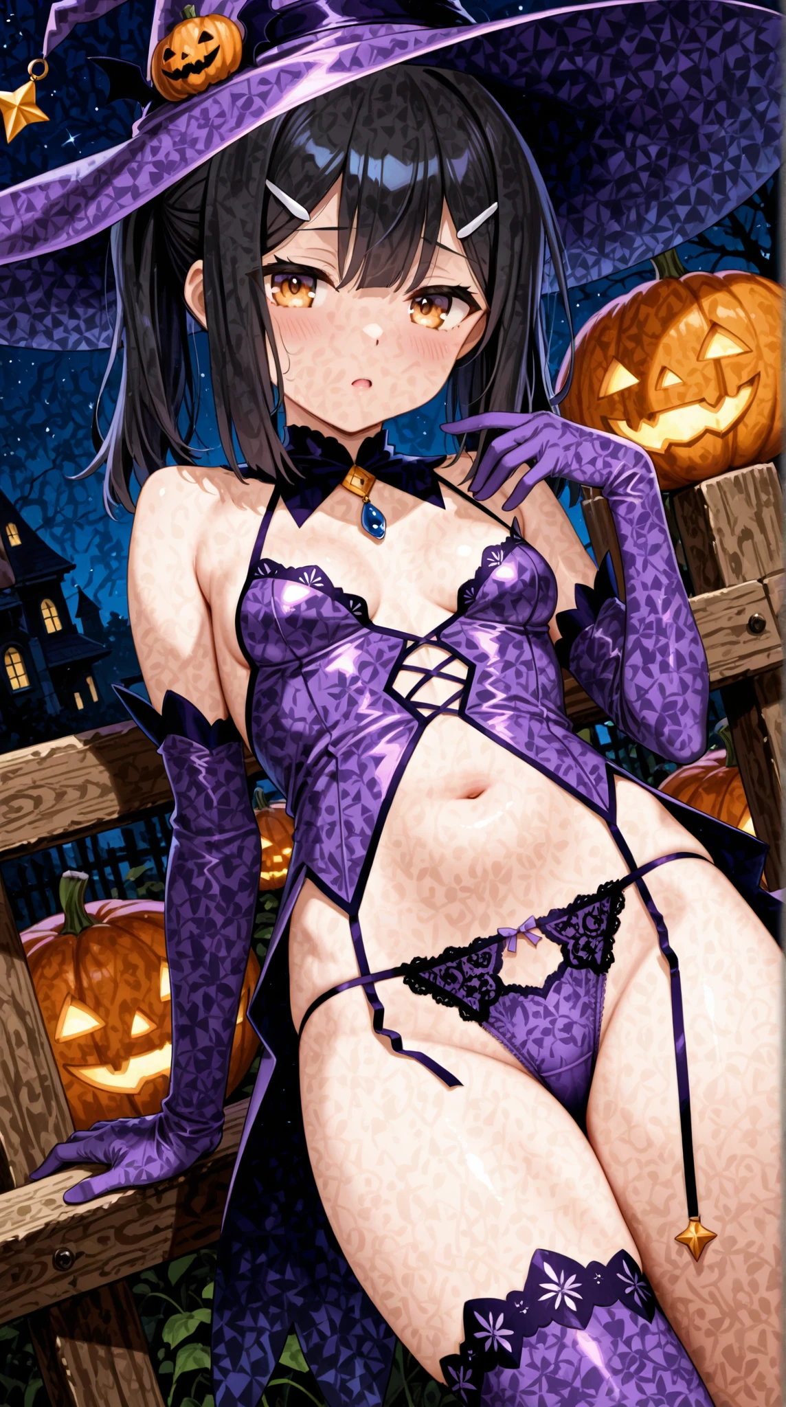 Halloween, Halloween theme, night, short hair, purple hair, pink eyes, flat cheast, flat tits, pointy teeth, trick or treating, small stature, vampire suit, pantyhouse, show butt, view from behind, 1 girl, one girl