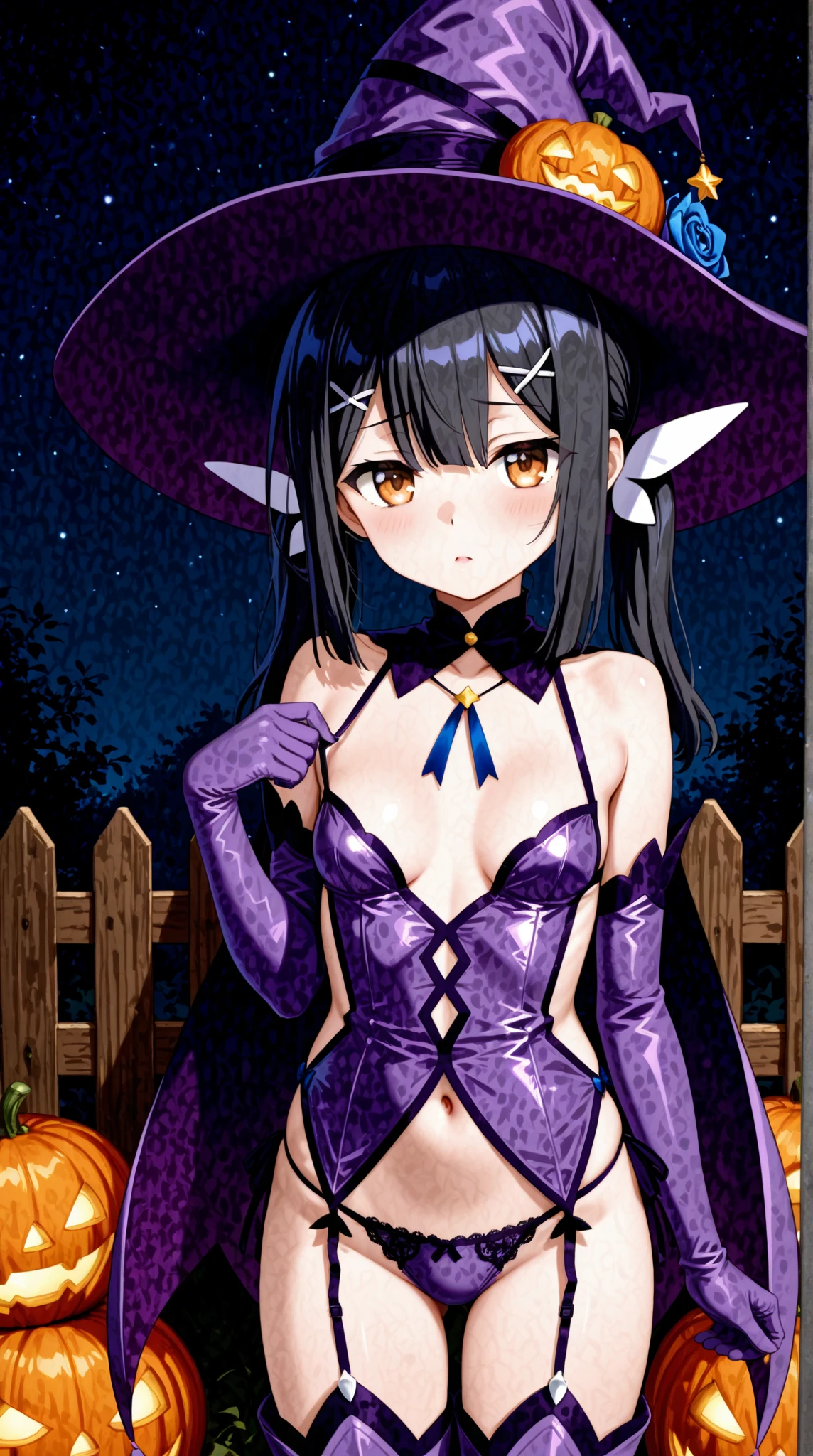 monamegistus, mona, blue eyes, hair between eyes, twintails, very long hair, purple hair, hat, (small breast:1.2), witch hat,
BREAK black bodysuit, black gloves, blue sleeves, bodysuit, capelet, covered navel, detached sleeves, gloves, high heels, leotard, long hair, long sleeves, multicolored sleeves, purple capelet, purple sleeves, strapless, strapless leotard,
BREAK outdoors, castle, night, moon, lights, stars, starfall,
BREAK looking at viewer, (cowboy shot:1.5),
BREAK (masterpiece:1.2), best quality, high resolution, unity 8k wallpaper, (illustration:0.8), (beautiful detailed eyes:1.6), extremely detailed face, perfect lighting, extremely detailed CG, (perfect hands, perfect anatomy),