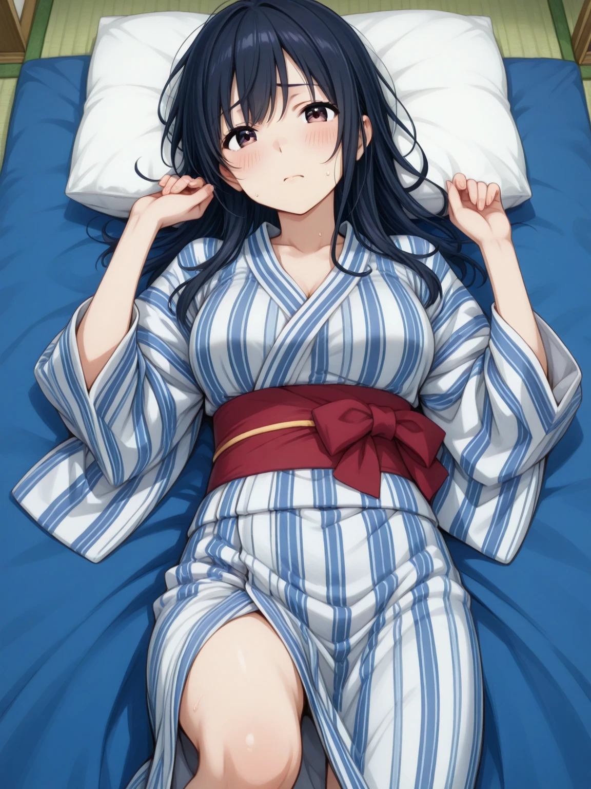 28 years old, A beautiful woman,Beautiful breasts,Cleavage,Hot spring inn,Japanese-style room,Hot Spring Yukata,Large futon,Woman lying on her back,Sleep Style