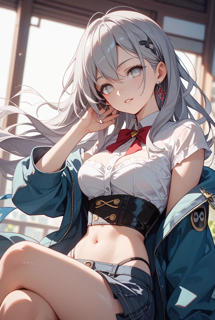 (masterpiece), (best quality), ((very detailed)), (very delicate), (A young girl), cyan eyes, sparkling eyes, droopy eyes, (Silver gray hair),Short messy hair, Barrette, Medium chest, Blazer uniform , platinum blonde, White skin, my room, Sunset rays shining through the window, Downcast eyes, lack of confidence, afraid, bullied at school, open clothes, show off bra,