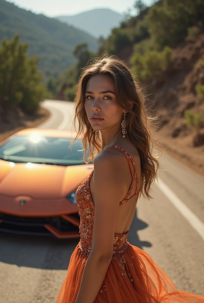 a beautiful girl in a tight dress posing next to a superdeportive car, hyper realistic, 8k, cinematic lighting, detailed facial features, photorealistic, volumetric lighting, dramatic shadows, highly detailed, intricate details, stunning, exquisite, flawless skin, elegant pose, impeccable fashion, glossy car paint, smooth metallic reflections, depth of field, cinematic framing