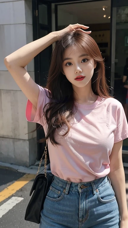 masterpiece:2.0, best quality, photorealistic, 1girl, beautiful detailed eyes, beautiful detailed lips, extremely detailed face and body, long black hair, wearing pink t-shirt, wearing black trousers, big breasts, pink lipstick, mature woman, natural lighting, detailed clothing, highly detailed, cinematic lighting, vibrant colors