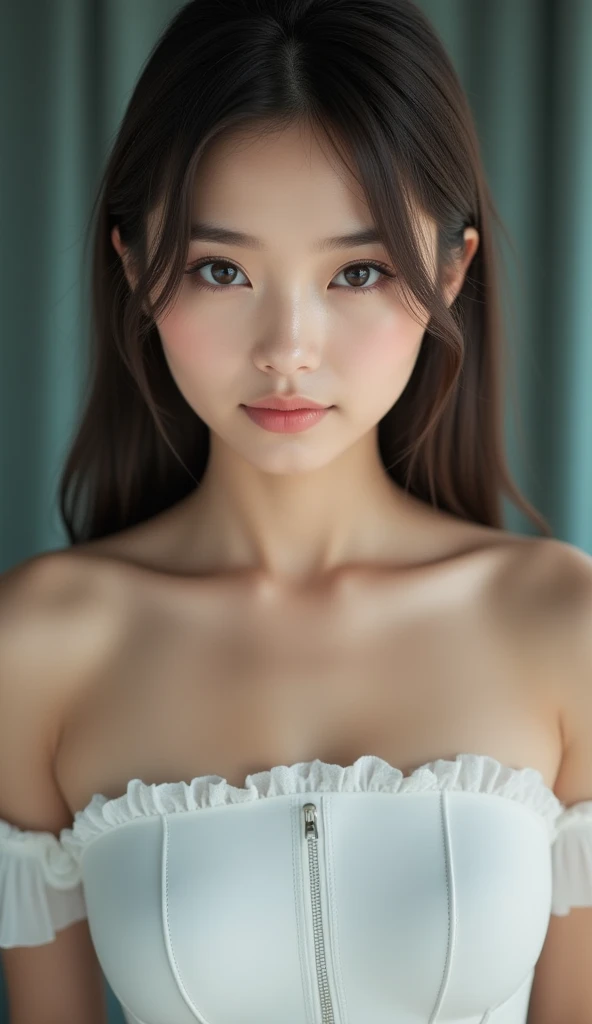 straight hair, (1girl), 20yo, kawaii, cute face idol, Cheerful, gentle, soothing, beautiful girl with beautiful details, (horizontally elongated eyes:1.3), extremely detailed eye and face, glossy lips, (See-through lace costume with cute details and wide open breasts:1.6), Bare shoulders, (Bare chest, areola:1.35), Realistic, extremely detailed CG unified 8k wallpaper, ighly detailed, High-definition raw color photos, professional photograpy, Realistic portrait, Cinematic Light, Beautiful detailed, Blushing, Ashamed, (Realistic skin:1.2), (Best Quality:1.4), Super Detail, High quality, Indoor, depth of fields,