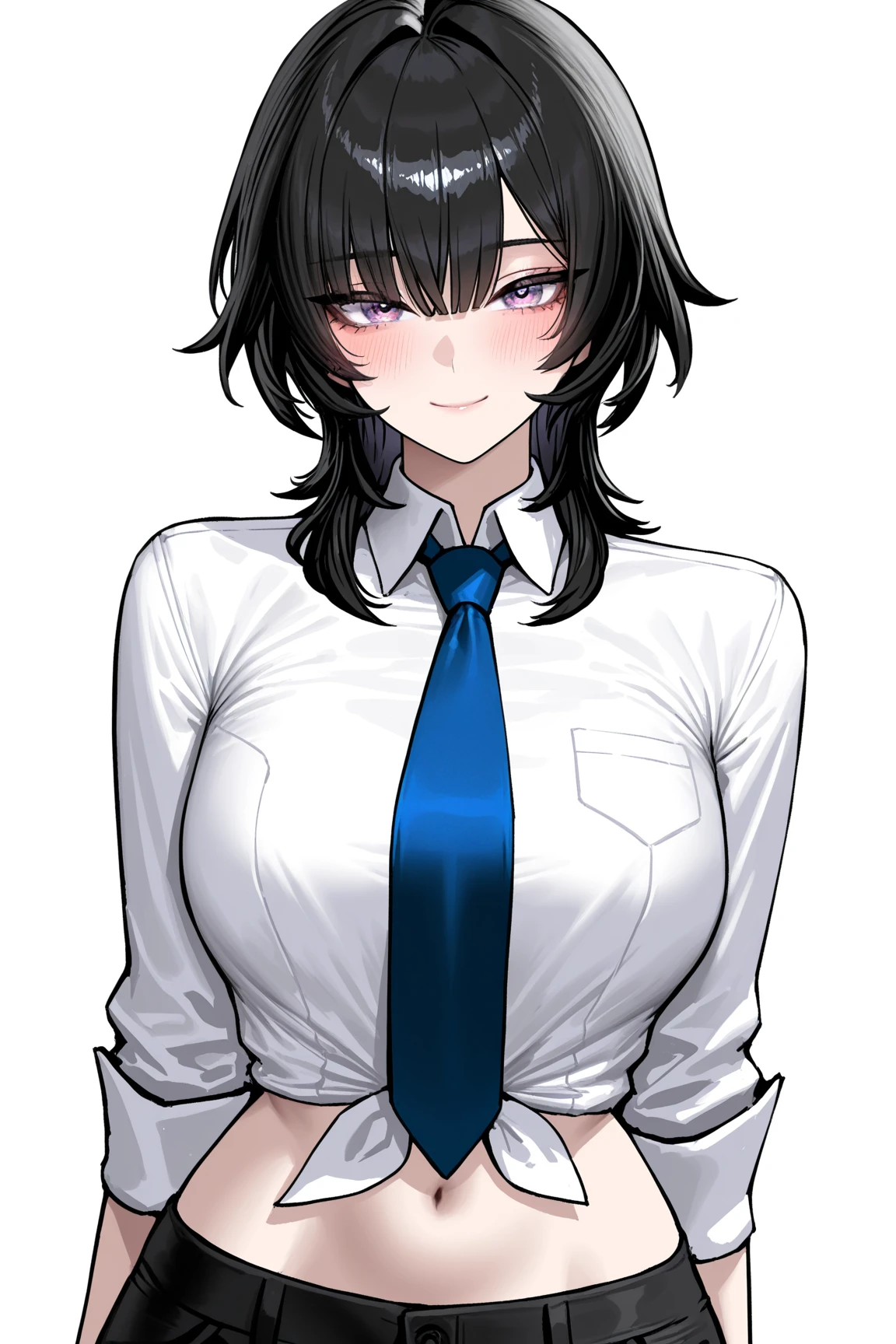 lineart, 1girl, mature female, vampire, (pale skin:1.0), red eyes, black hair, (wavy hair:0.1), messy hair, short hair, hair between eyes, wolfcut, pixie cut, makeup, collarbone, punk, emo, medium breasts, cleavage,white buttoned shirt, (black bra:0.8), short sleeves, blue waistcoat, blue vest, black shorts, bracelets