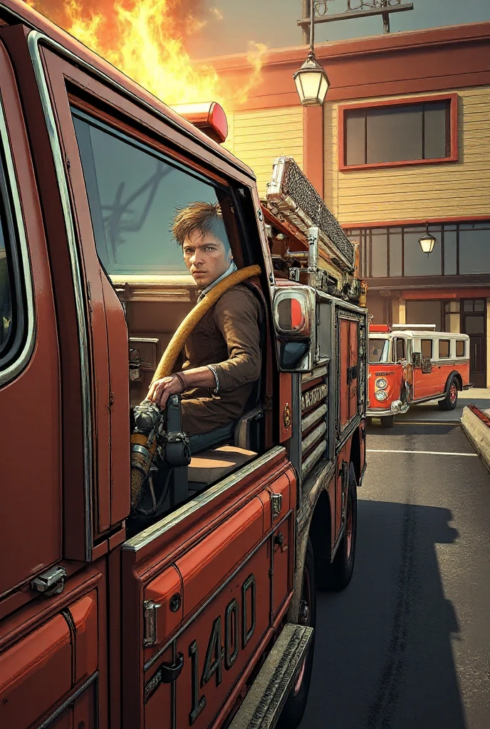 Firefighter, white skin, brown hair, male, wearing prescription glasses, wearing bunker gear, sitting in fire truck