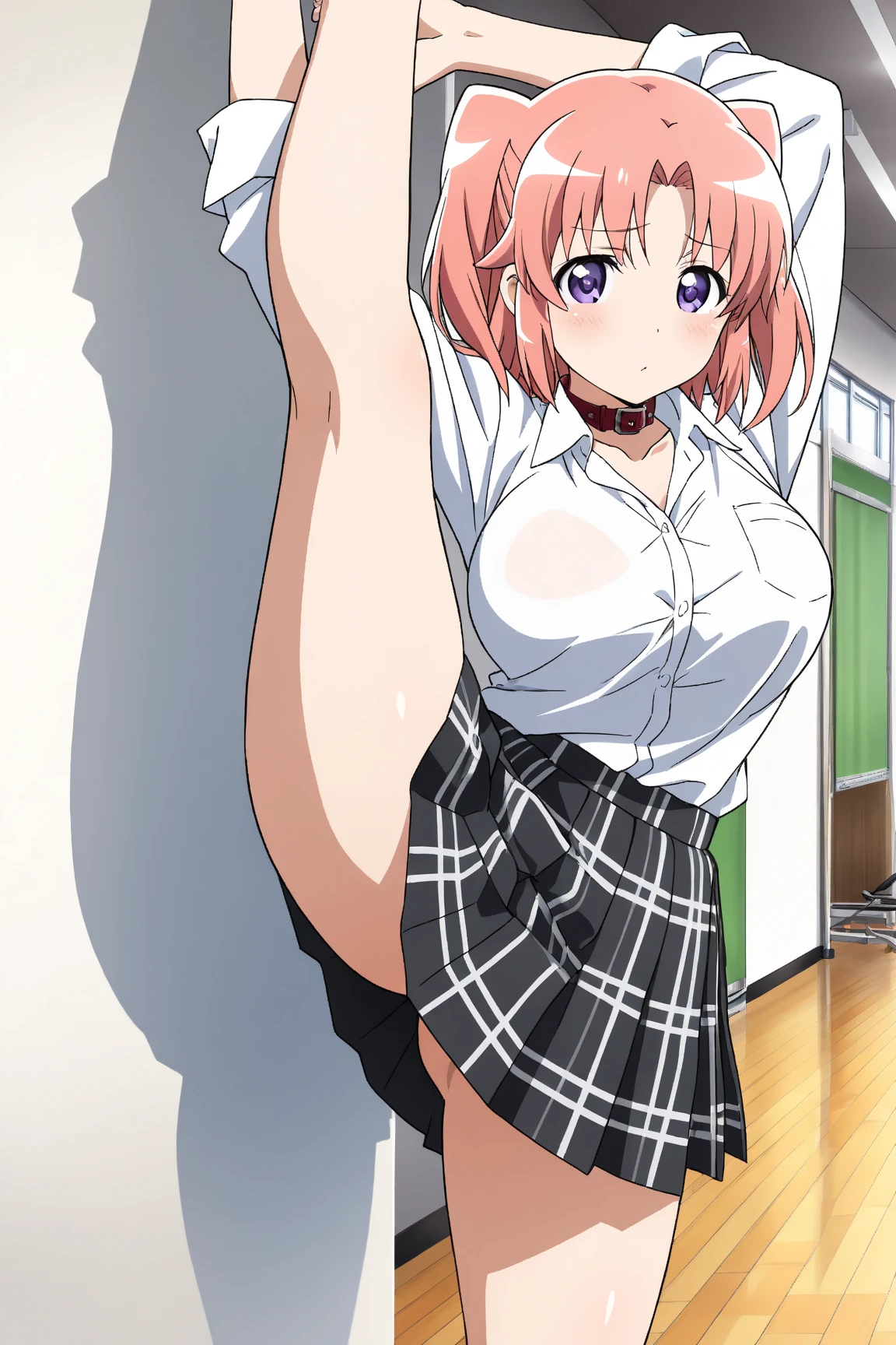 Highest quality, High resolution, Pixel Perfect, 4K, (Beautiful Anime Girls), (Perfect hands:1.5), (Perfect Fingers:1.5), Written boundary depth, Observe the audience, Perfect body, yuigahama yui, Brown eyes, Detailed eyes, Single hair bun, (Big Breasts:1.2), Red ribbon, White shirt, Black jacket, Check skirt, School classroom, smile, blush, (Lift up the skirt:1.5), (Wide pelvis:1.5), (Thick thighs:1.5), (Pink Panties:1.5), (A close-up of the crotch from directly below:1.5)