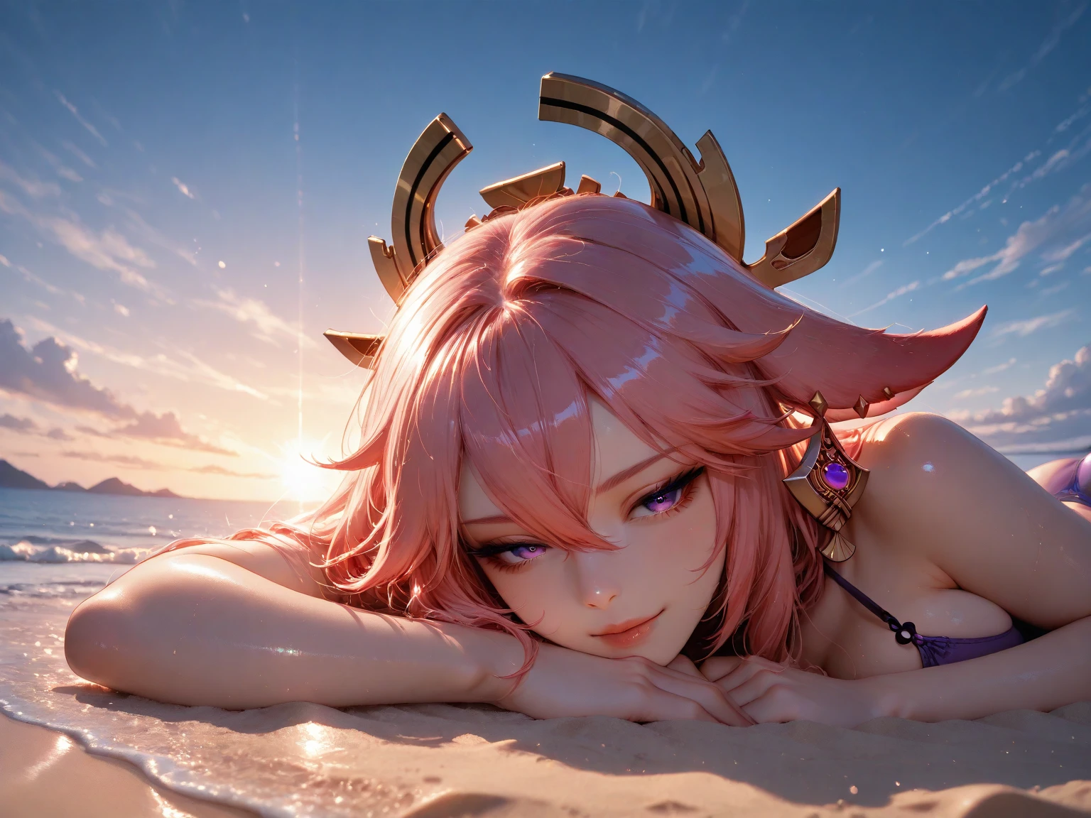 Yae Miko Genshin Impact game style,3D,naked,resting on stomach,horny,looking at viewer,smiling,on beach, front view