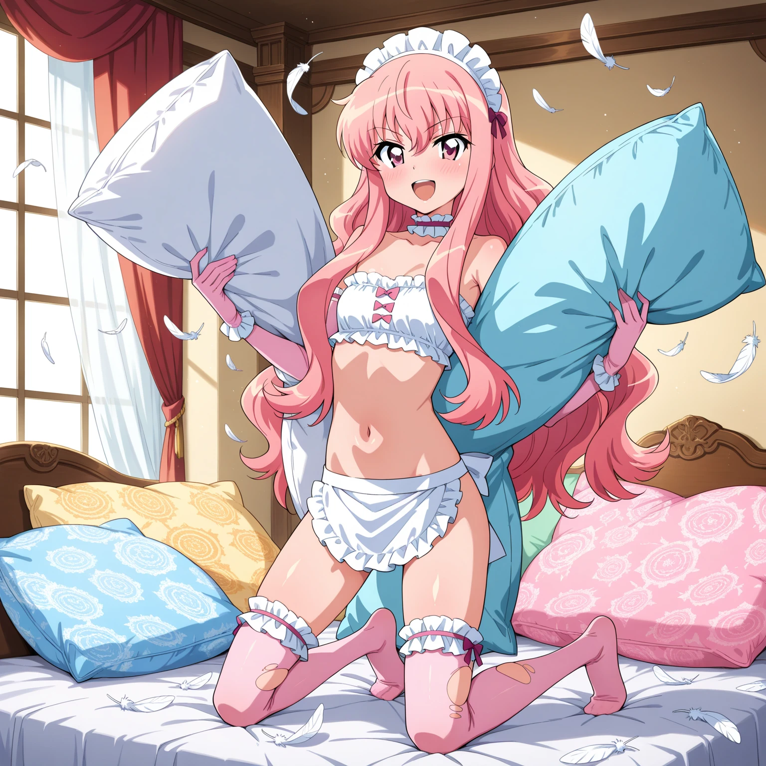 1girl,maruyama aya,{{bang dream!}},{{official art}}, highly detailed,best quality, clear lines,slightly large breasts, censored, mosaic censoring, seductive smile, fun,open mouth, solo focus, sweat, looking at viewer, bangs, collarbone, seductive smile, fun,anime visual of a cute girl,anime best girl,bangs, looking at viewer,breasts,official artwork, offcial art, official artwork, high detailed official artwork,looking at viewer, solo focus,maid bikini,maid headdress,high exposure,(navel :1.2),lying,bed,twintails,thighs,pink hair,pink eyes,solo,only maid bikini,(high exposure :1.2),(kanikama_style :0.5)