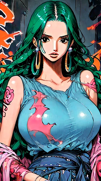<lora:0zy:0.8>0zy big boobs anime girl dynamic pose vibrant colors thick outlines winking smiling tattoos slutty