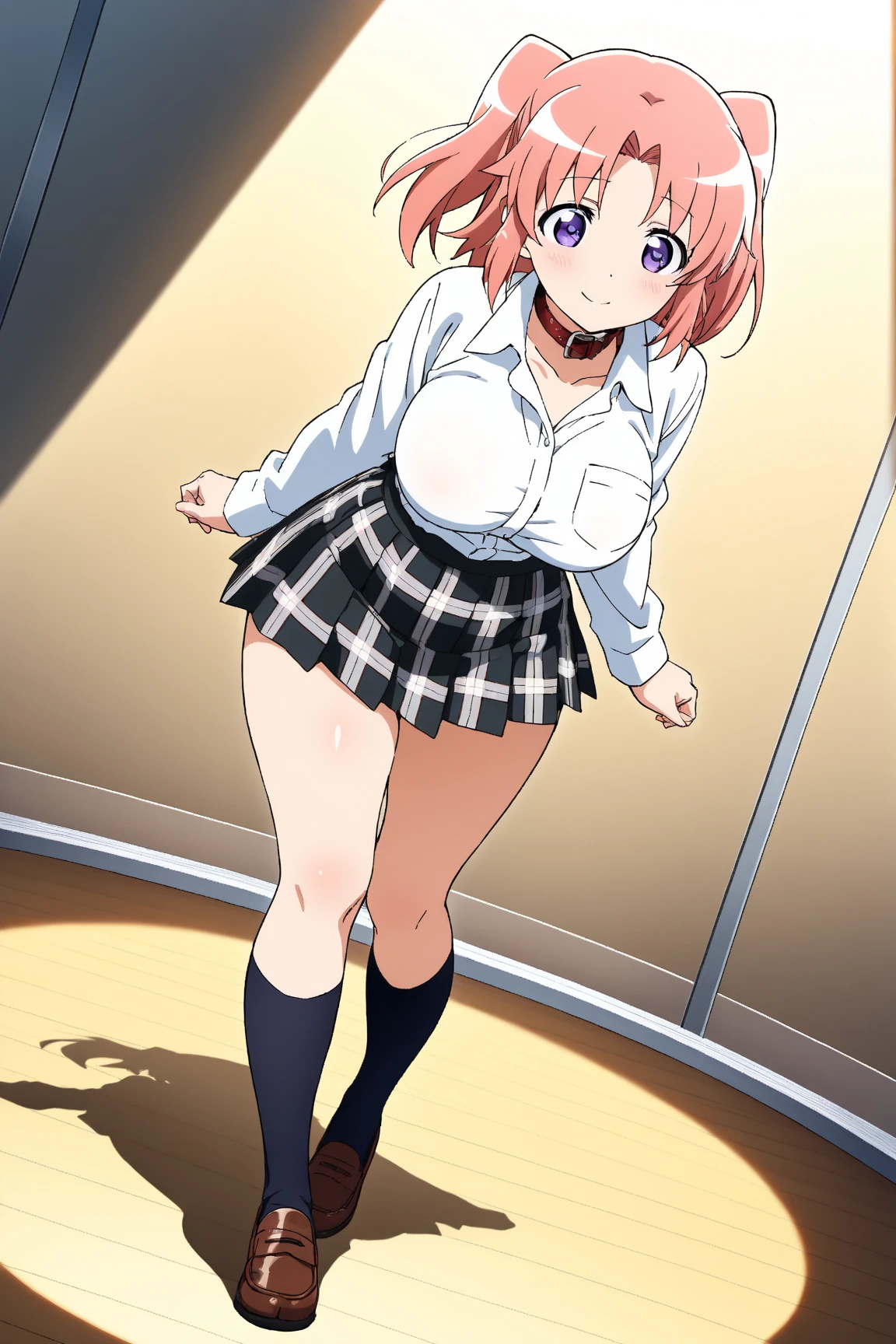 (Highest quality), (High resolution), (Beautiful Anime Girls), (Reflecting on the audience:1.5), One girl, Perfect body, yuigahama yui, Brown eyes, Detailed eyes, Single hair bun, White shirt, Black jacket, (Checked Skirt:1.5), (garden), smile, blush, (Thick thighs:1.5), (Wide pelvis:1.5), (Big Ass:1.5), (pink_Panties:1.5), (Buttocks up from below:1.5)