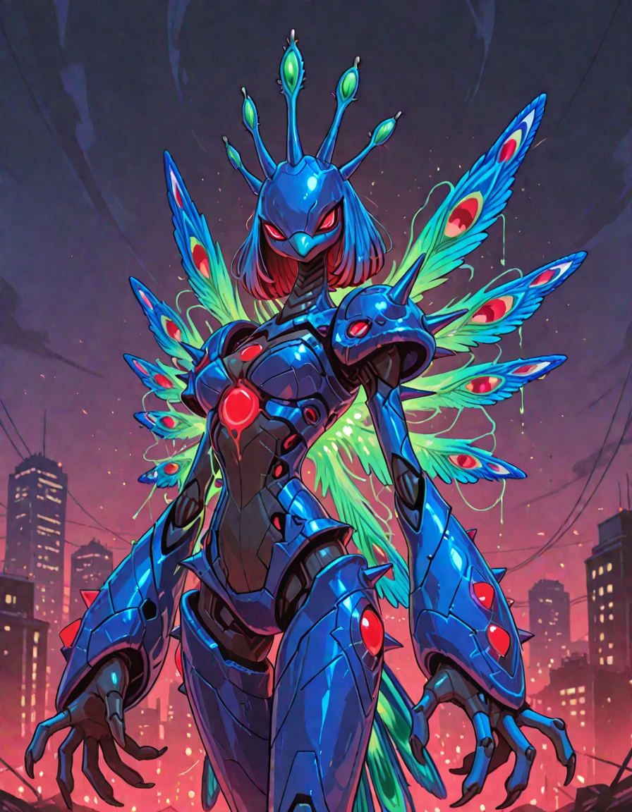 Solo, Furry, Mecha Peacock monster girl with red eyes and covered in deep-blue and blue armor with spikes and spiked wings made of light-green glowing energy
, city