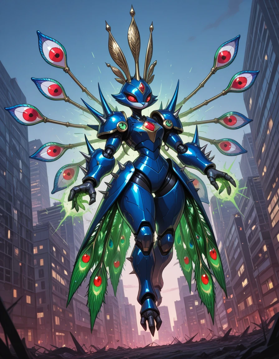 Solo, Furry, Mecha Peacock monster girl with red eyes and covered in deep-blue and blue armor with spikes and spiked wings made of light-green glowing energy
, city