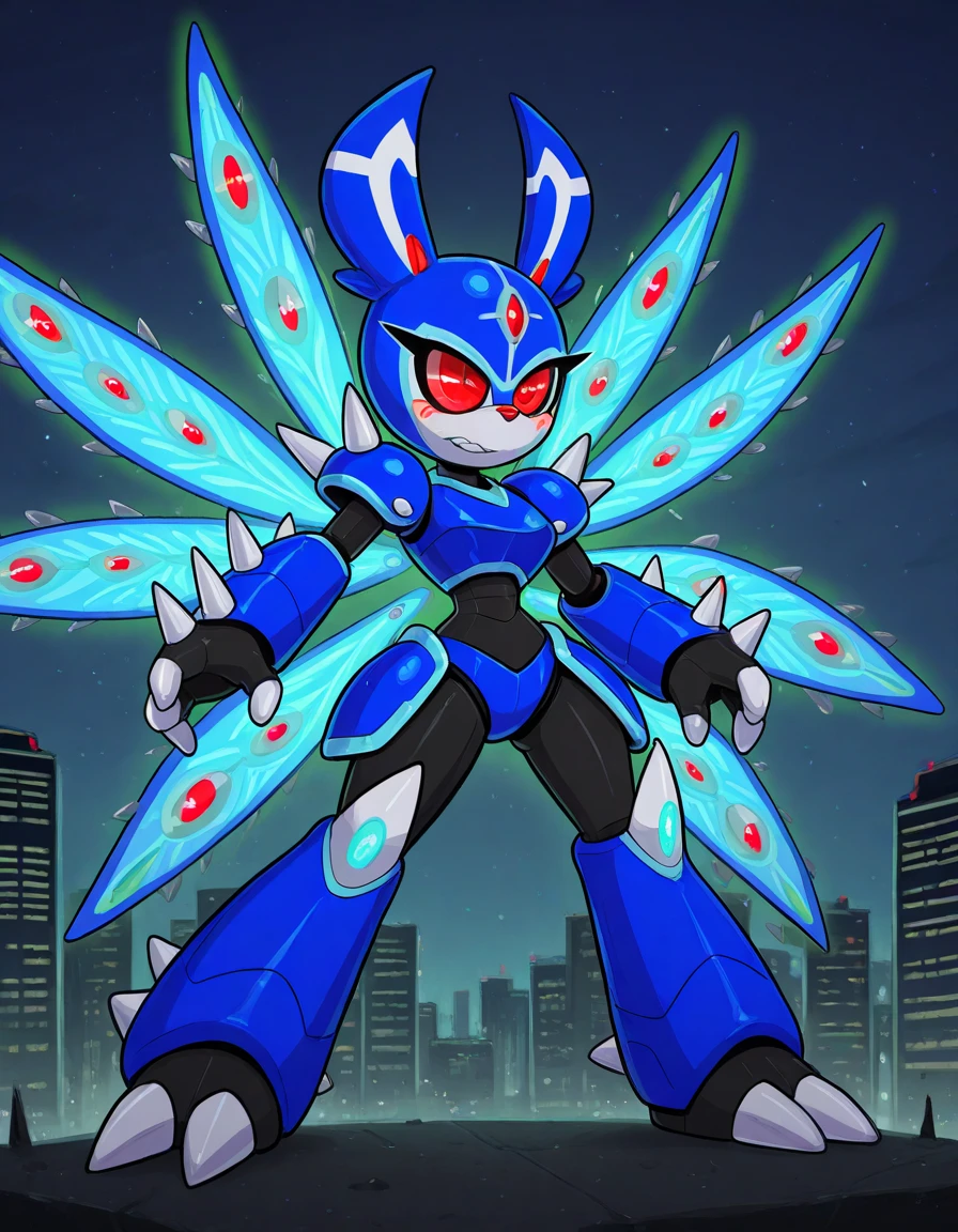 Solo, Furry, Mecha Peacock monster girl with red eyes and covered in deep-blue and blue armor with spikes and spiked wings made of light-green glowing energy
, city