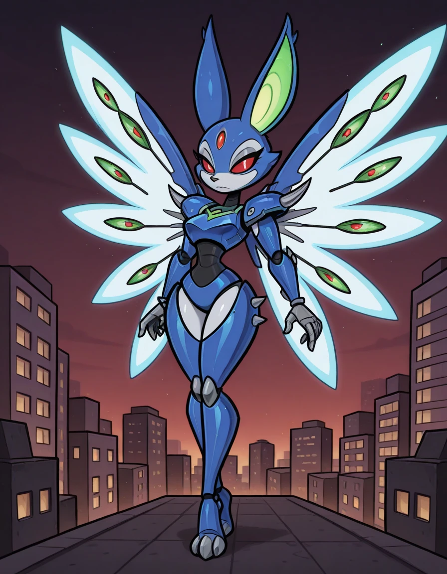 Solo, Furry, Mecha Peacock monster girl with red eyes and covered in deep-blue and blue armor with spikes and spiked wings made of light-green glowing energy
, city