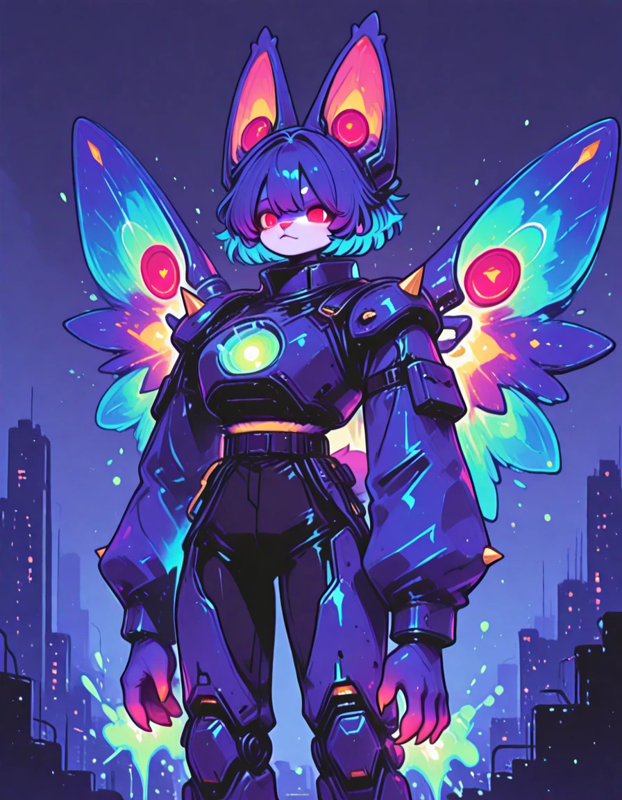 Solo, Furry, Mecha Peacock monster girl with red eyes and covered in deep-blue and blue armor with spikes and spiked wings made of light-green glowing energy
, city