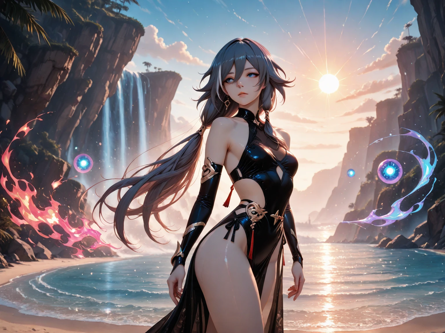 A photorealistic fantasy scene of a mature, tall, muscular man and a woman in a magical, dark, underwater environment, surrounded by rainbows, bubbles, swirling winds, and aurora lights. The woman is naked from the waist up, with a unicorn tattoo. The scene is filled with intricate details, vivid colors, and a sense of wonder and mystery.
(photorealistic, masterpiece:1.2, ultra-detailed, 8k, hyper realistic, extremely detailed, intricate details, cinematic lighting, dramatic lighting, dark fantasy, adult, mature woman, tall muscular man, naked torso, unicorn tattoo, underwater, bubbles, rainbow sunlight, mirrors, floating glass sheets, rainbow lights, bubble swirls, swirling winds, aurora, fantasy landscape, character surrounded by stars)