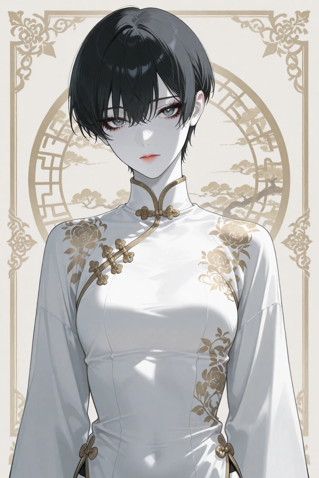 、Highest image quality、Highest image quality、high resolution、32k、anatomically correct depiction、 Outstanding Digital Art 、Perfect Shading、gray eyes、dark haired、Dull hair、Morbidly white skin、flat chested、slender figure、Delicate Body、petite body、Girl、short cut hair、Wolfcut、 eyes without highlights、hanging eyes、Thick black eyeliner above and below her eyes、 looks exhausted 、Looks unhealthy、Chinese clothes、Pure white outfit、gold simple floral embroidery、 Chinese style background 、Kung Fu Poses