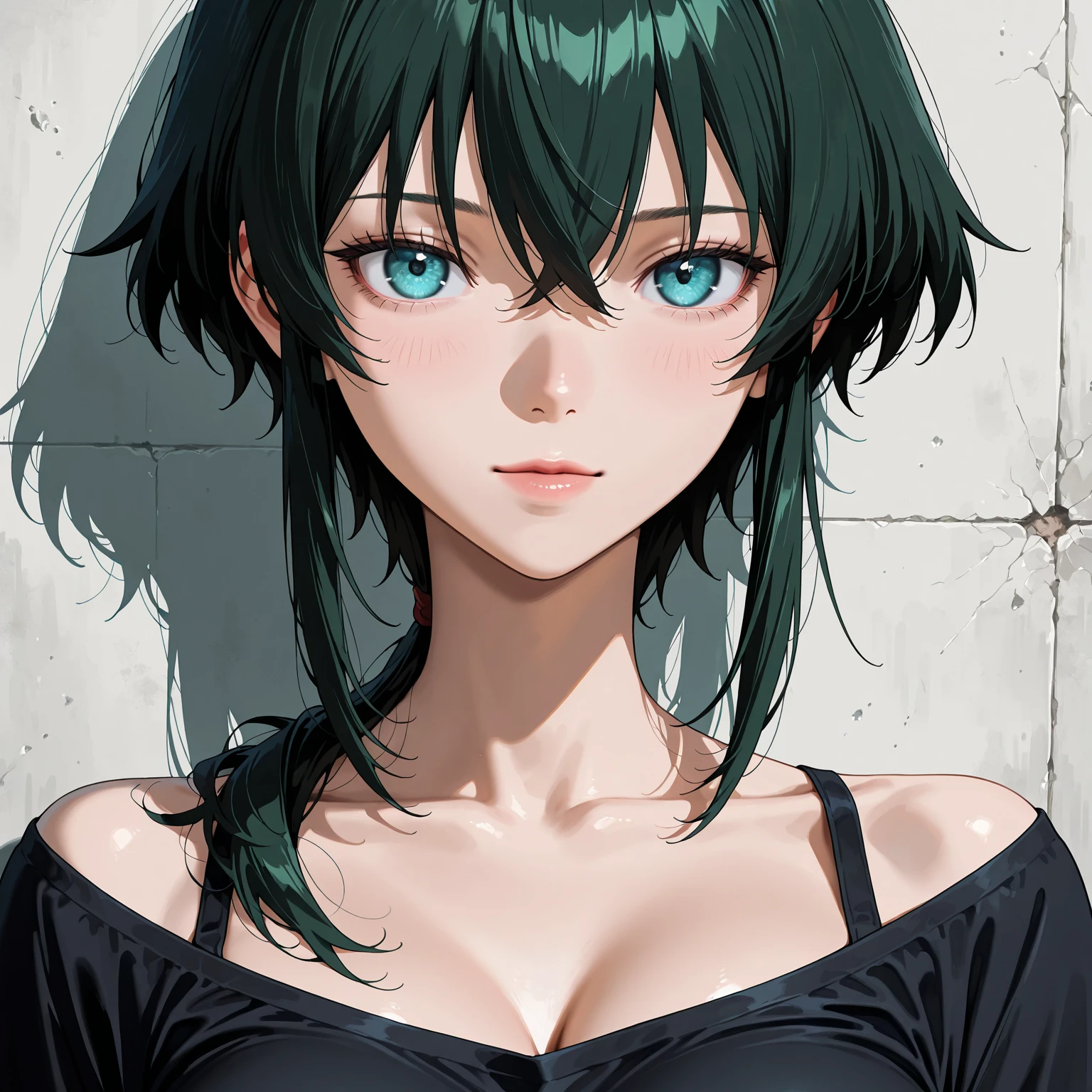 masterpiece, Best quality, (colorful), (Delicate eyes and face.), volumetric light, ray tracing, extremely detailed CG unity 8k wallpaper, tatsumaki, green hair, green eyes, no clothes, captivating pose, looking at spectator, arms crossed, medium breasts