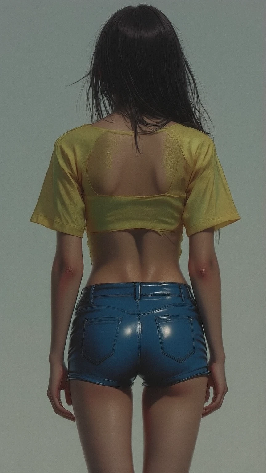 (Best Quality, 8K, 32 k, Masterpiece, UHD:1.2), pretty korean girl photo, Very big breasts, very short short hair, Very realistic skin texture, subtle facial noises, Very detailed lips, cowboy shots, sface focus, yellow line skirt, Earrings, dark studio background, uniform lighting, Looking at the viewer, soft and smooth body, Slender body, Wide Buttocks, thick-thighs, Contraposto, Esza Pose