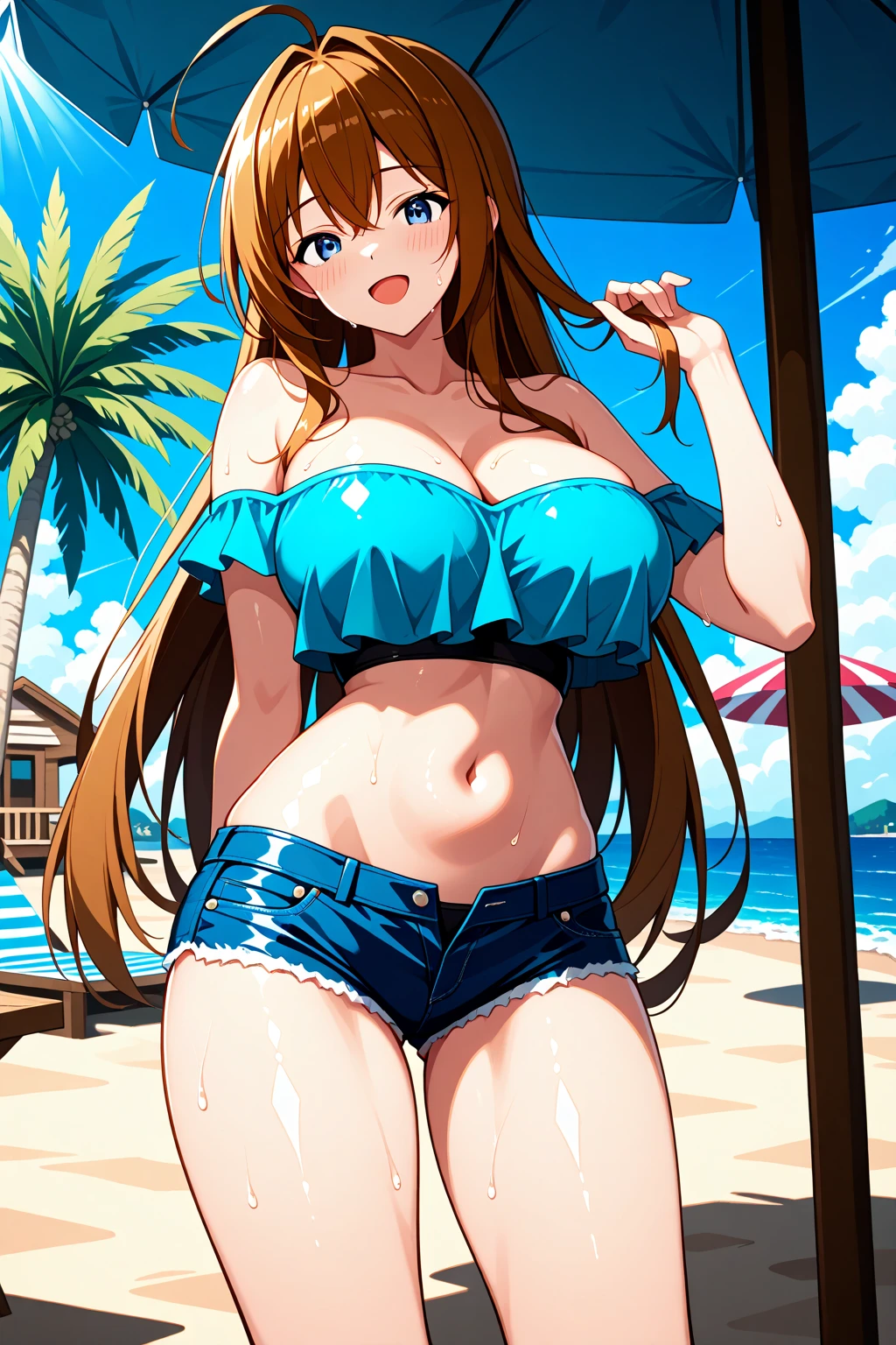 Photorealistic, High resolution, 1womanl, Solo, hips up high, look at viewr, (Detailed face), Colorful Summer Wear, Aloha shirts, Beach