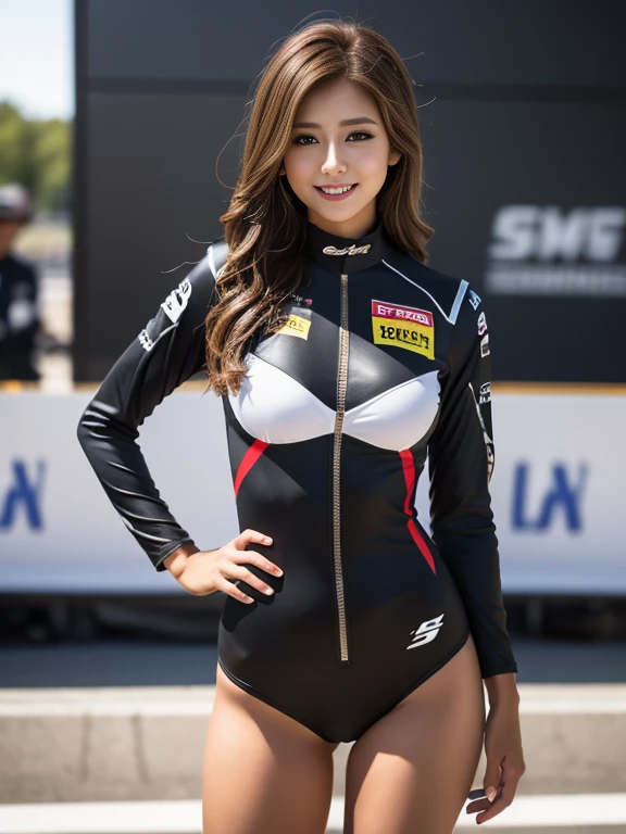 {8K Photo Quality:1.2}、{Ultra-high resolution photo quality:1.2}、{Super Real 1.2}、{Perfect limbs}、{japanes}、masutepiece、NSFW、1womanl、Solo、Wearing a metallic dark gray catsuit with the logos of many sponsors、{Her suit with lots of sponsor logos:1.5}、Being in the pits of a car race、Dynamic sexy poses、ssmile、Wearing a sponsor cap