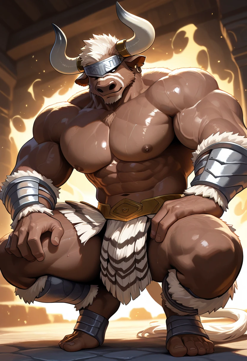 A male anthropomorphic minotaur with a white beard, nose ring, muscular scarred body, wearing loincloth, posing for picture