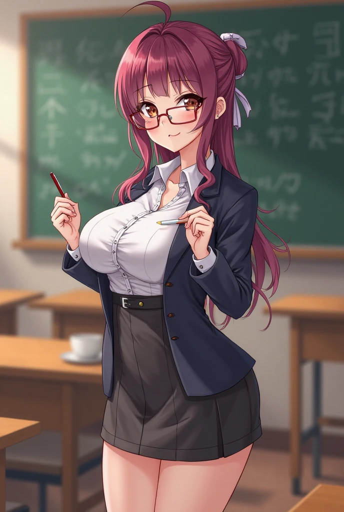 (masterpiece:1.3), (high resolution), (8K), (extremely detailed), (4k), (pixiv), perfect face, nice eyes and face, (best quality), (super detailed), detailed face and eyes, (solo), textured skin, absurdres, highres, 
LunariaVT, 1girl,parted lips, makeup, lipstick,long hair,animal ear,large breasts,
breasts, skirt, pantyhose, pencil skirt, cleavage, blush, shirt, teacher, crossed arms, desk, white shirt, looking at viewer, indoors, classroom, v-shaped eyebrows, chalkboard, open mouth, black skirt, sidelocks, collared shirt, chair, black pantyhose, sleeves rolled up, standing, dress shirt, collarbone, bangs, cowboy shot, miniskirt, school desk, sweat, shirt tucked in, wooden floor, frown, blurry, angry, folded ponytail,glasses
 <lora:Lunaria:0.7>