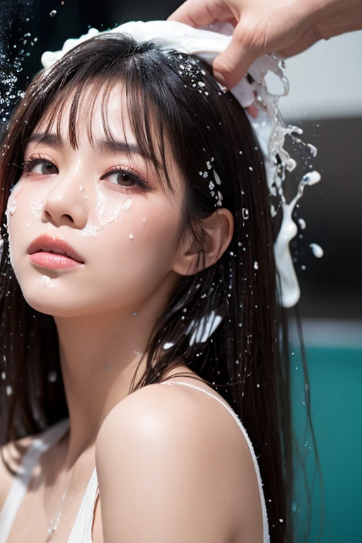 obra de arte, Melhor qualidade, 8k, 15 anos, adolescente, Foto CRU, retrato premiado, sorria timidamente, 1 garota, idol face, lindo, extremamente bonito, bonitinho, mulheres japonesas,female idol, olhos grandes e redondos, droopy eyes, narinas pequenas, maquiagem leve, grandes olhos redondos, cintura estreita, Garota delicada, tronco, dslr, Lente de 85 mm, f1.4, (Bokeh:1.1), olhando para o espectador, candid, sofisticado, jovem, professional lighting, (olhos e rosto detalhados:1.0), Spunkmouth - Cum bubbles seios piquenos nua nsfw