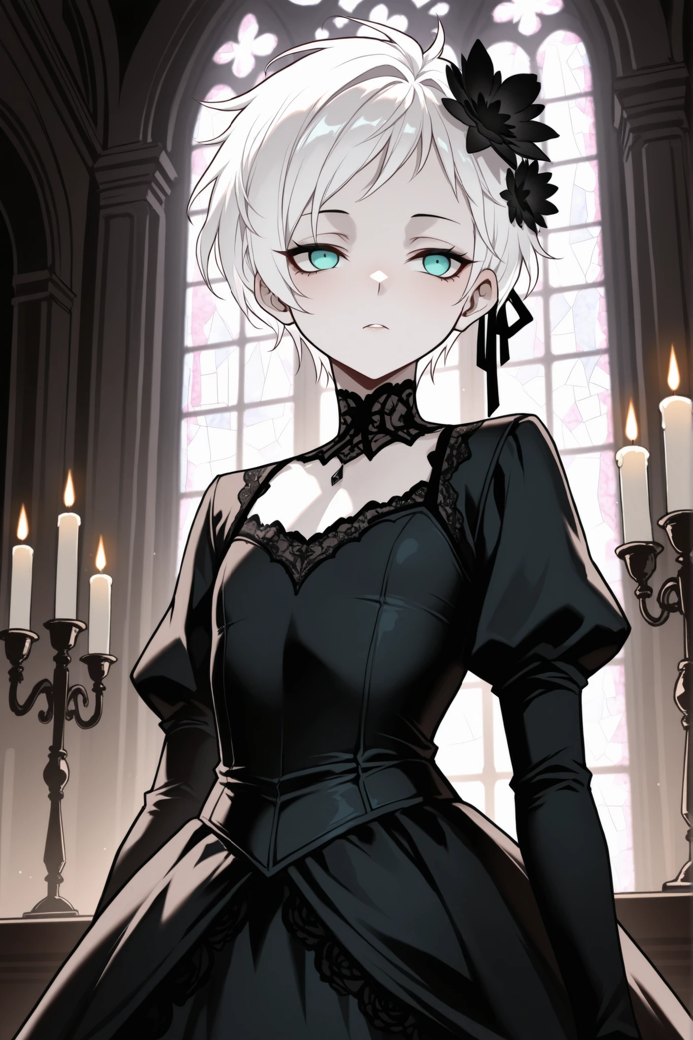 masterpiece, best quality, amazing quality, BREAK (by Hakika:0.35), (by Criis-Chan:0.3),(by dino \(dinoartforame\):0.4), phiv, 1girl, white hair, short hair, black flower hair ornament, aqua eyes, flat chest, black lace dress, vampire manor, candle chandelier, stained glass, pale skin, wine glass, gothic elegance, dramatic lighting,