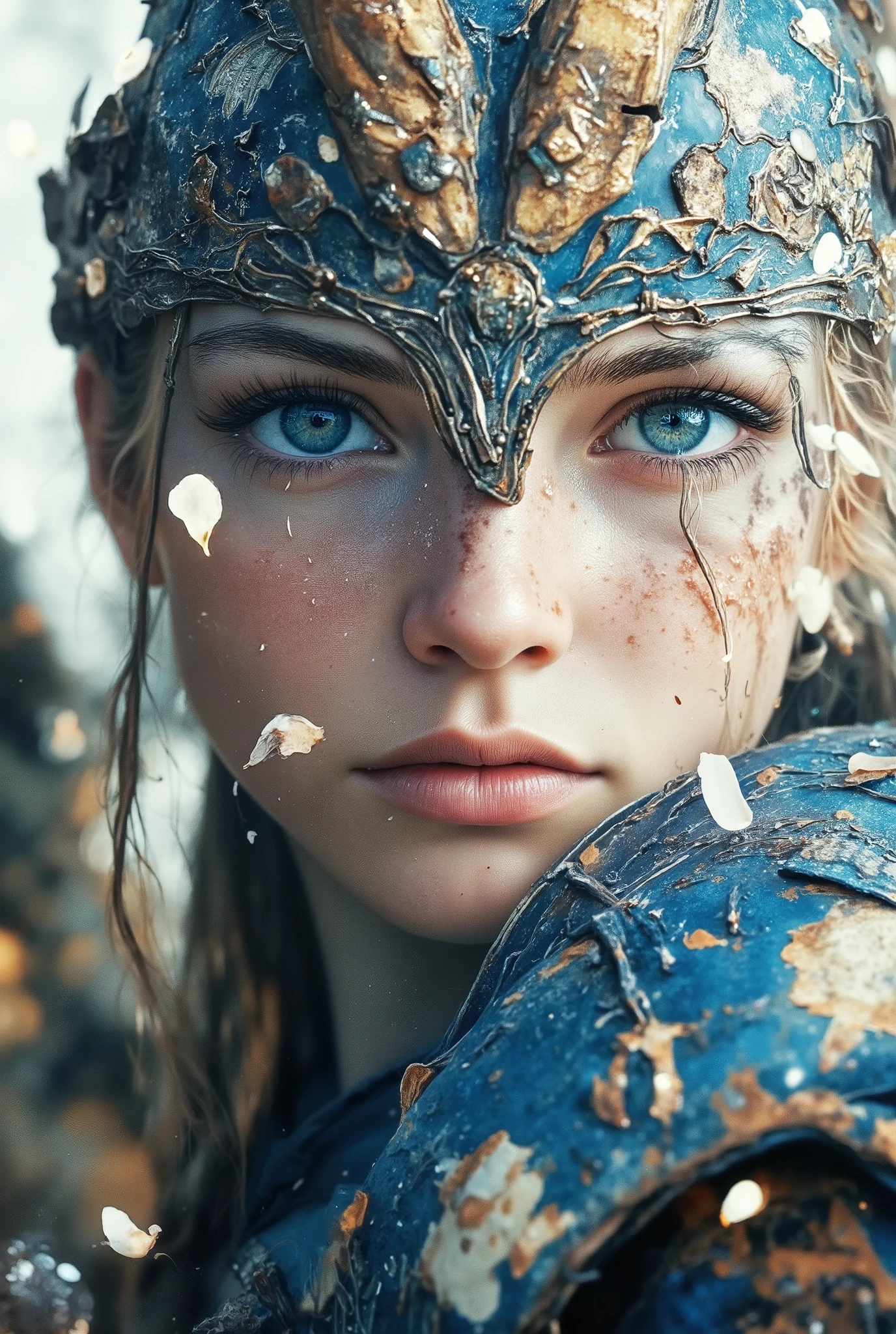 9:16 side-profile half-body portrait, eye-level, high-clarity photoreal. Cool skylight balances warm rim-light, scattering ivory petals through airy bokeh. A fair-skinned woman with steel-gray eyes and windswept ash hair. Helm: weathered indigo plates veined with gold leaf, twin ram-horn arcs, fractured edges betraying age. Armor: indigo-verdigris lamellar over ivory under-tunic, etched botanical relief and flaking gilded enamel. She turns toward camera, lips poised mid-breathaalert yet calm. Background: pale mist filled with drifting petals, horizon soft. Color palette: weathered indigo (dominant), glowing gold (warm split), mist gray (cool split), ivory bone (accent), ash silver (variant), muted teal shadow (neutral) 8k photoreal, wind-kissed valor, weathered enamel beauty, airy petal drift, indigo martial poise 