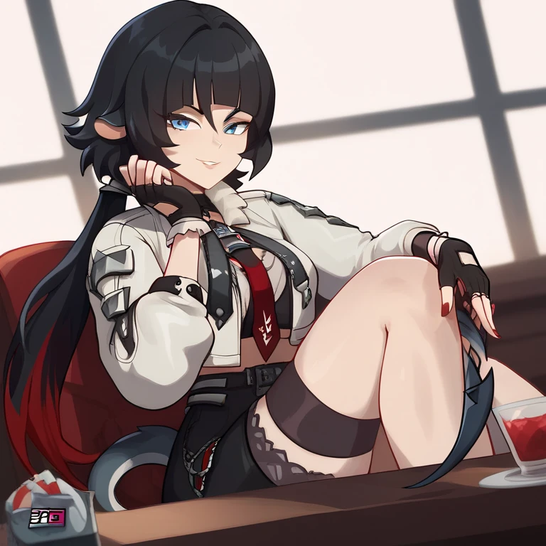 draw an anime girl in her 20's with medium length dark purple hair (with red highlights) and bangs. her pointy ears poke out of her hair, and she's wearing goth clothing such as a black and purple dress with a lace pattern, knee length stockings, and combat boots. she's holding a camera in front of her as if she's taking a selfie, and the camera angle is low and angled slightly up. her eyes are sharp and piercing, and her expression is stoic, but not cold, as if she's analyzing a situation or person. she looks confident and self-assured, but not too arrogant.