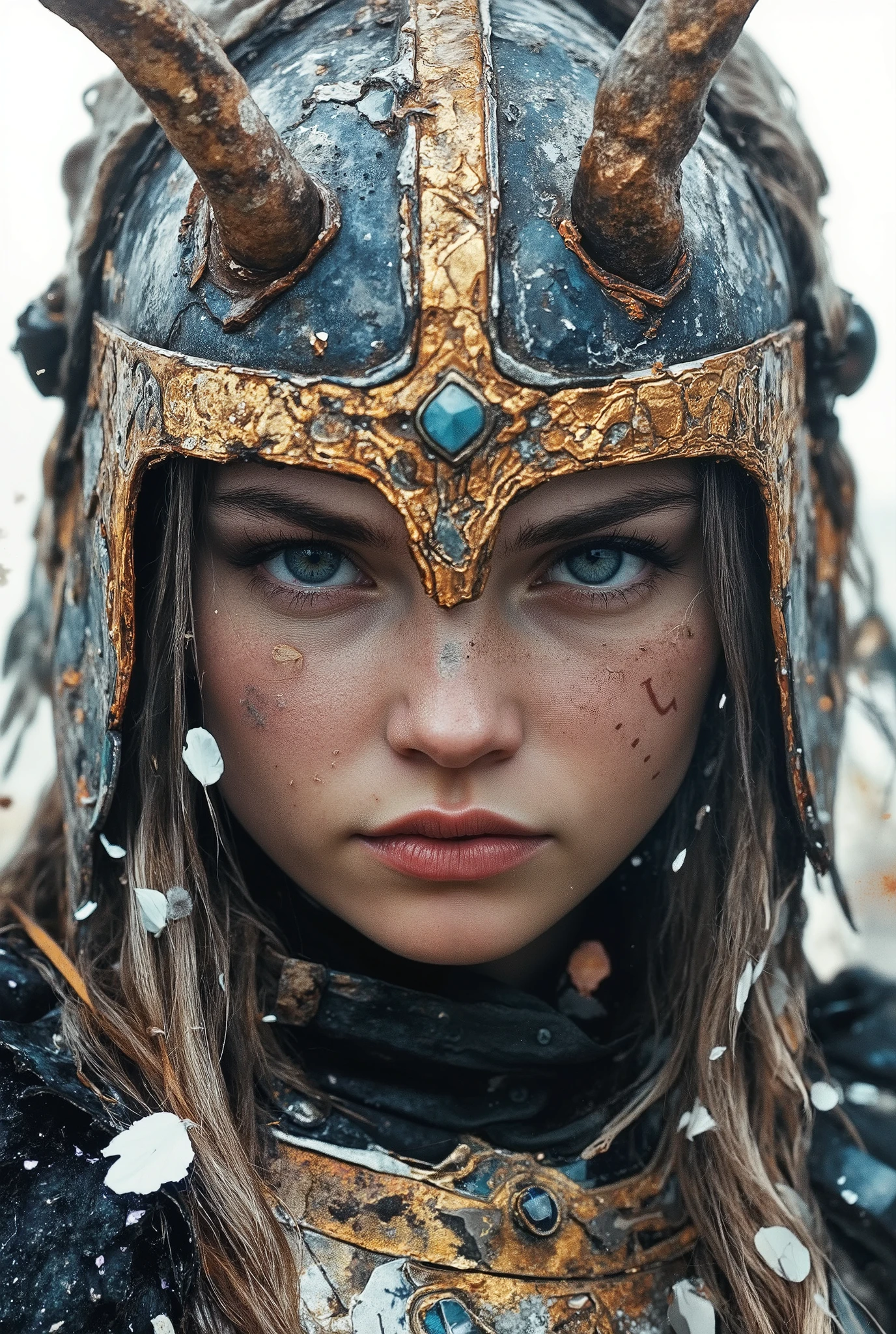 9:16 side-profile half-body portrait, eye-level, high-clarity photoreal. Cool skylight balances warm rim-light, scattering ivory petals through airy bokeh. A fair-skinned woman with steel-gray eyes and windswept ash hair. Helm: weathered indigo plates veined with gold leaf, twin ram-horn arcs, fractured edges betraying age. Armor: indigo-verdigris lamellar over ivory under-tunic, etched botanical relief and flaking gilded enamel. She turns toward camera, lips poised mid-breathaalert yet calm. Background: pale mist filled with drifting petals, horizon soft. Color palette: weathered indigo (dominant), glowing gold (warm split), mist gray (cool split), ivory bone (accent), ash silver (variant), muted teal shadow (neutral) 8k photoreal, wind-kissed valor, weathered enamel beauty, airy petal drift, indigo martial poise