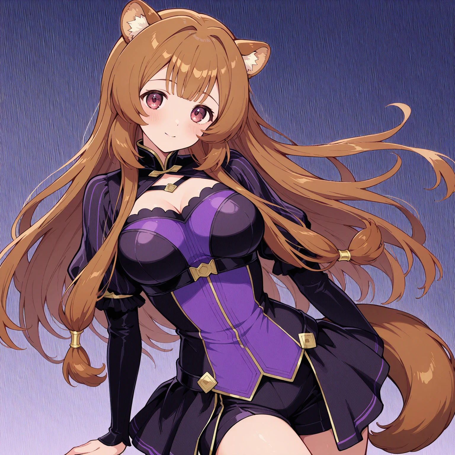 score_9. score_8_up. score_7_up, 1girl, umamusume, horse ears, horse tail, tan, slutty_clothes, corruption, corrupt_girl, gyaru, solo, standing, curvy body, thick thighs, wide hip, gentle smile,sci-fi, pleated skirt, showgirl skirt, laboratory, purple theme, sexy, corruption bodysuit, see-through leotard, look down, dark and evil theme, magical girl, corruption, shiny skin,