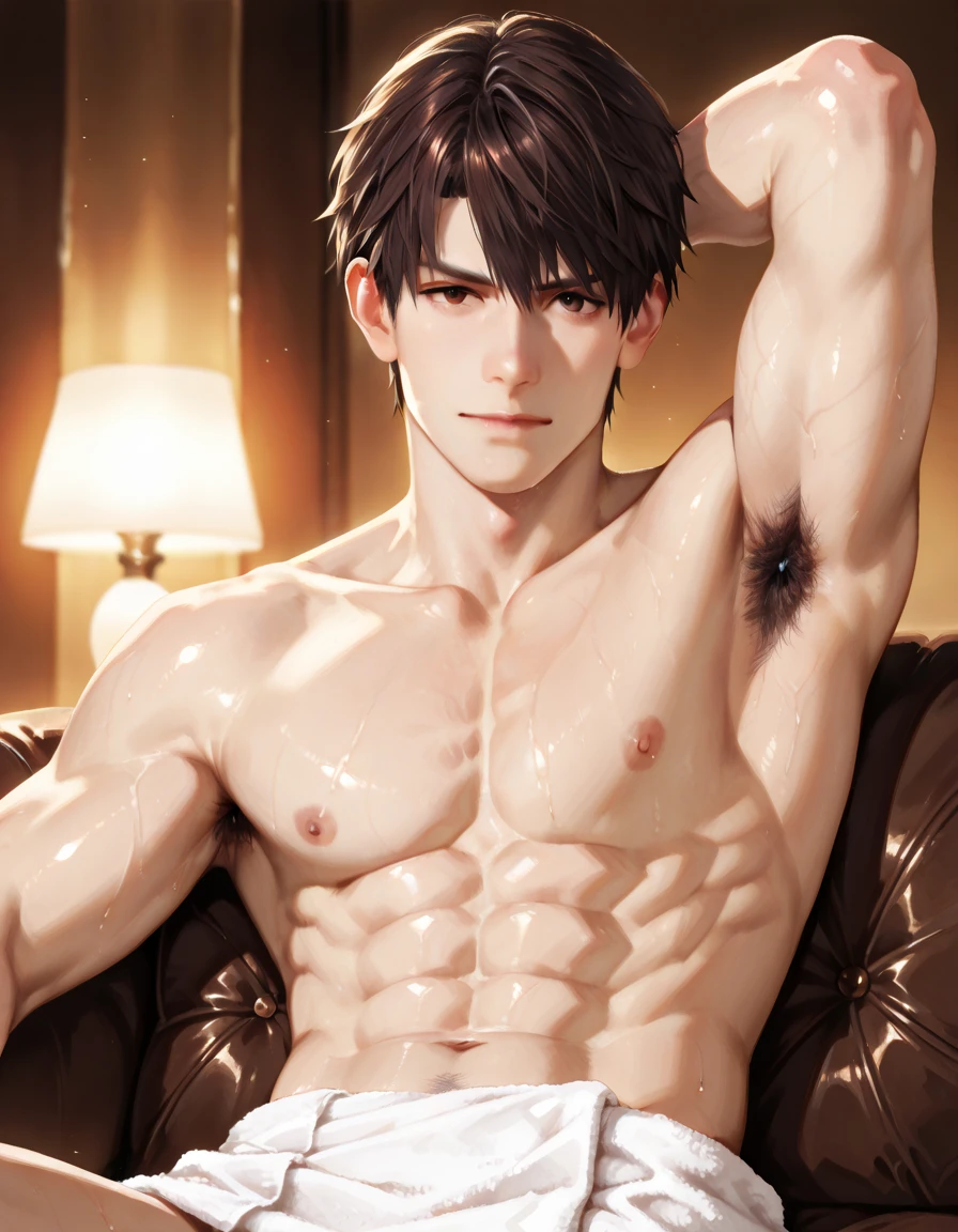 high quality, detailed, Realistic,(2boys:1.5), (17 years old tanned japanese idol boys), (detailed black eyes), (black short hair), (abs), (tanned dark brown skin), night palace bedroom, (black tiny thong), (bulge), (detailed nipples), detailed areola,best quality,4k,8k,highres,masterpiece:1.2),ultra-detailed,(realistic,photorealistic,photo-realistic:1.37), looking at viewer,smirk,face close up, --no watch,
