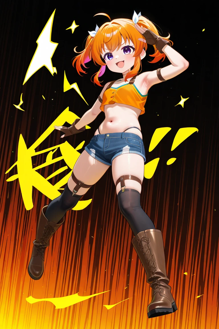 One Girl, single, alone, Beautiful Anime  Girl, 
((bright orange eyes,
short hair:2.0, Wavy Hair, Dirty hair:1.2, Ahoge, Long Bangs, Redhead)),((Big Breasts)),((Black Micro shorts,sleeveless top)),big smile,