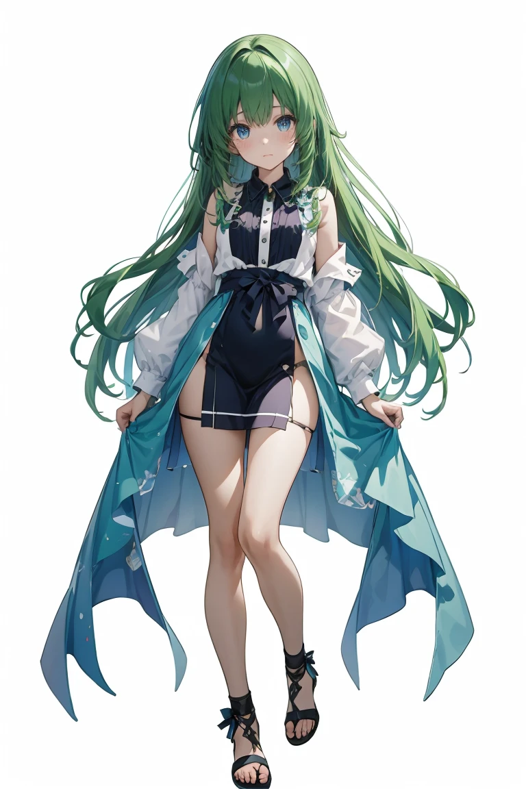 masterpiece, best quality, ultra-detailed, beautiful, nai3, 1girl, solo, full_body, tachi-e,
((kochiya_sanae)):2, long_hair, green_hair, green_eyes, bare_shoulders, detached_sleeves, shirt, frog_hair_ornament, hair_tubes, snake, snake_hair_ornament, long_sleeves, wide_sleeves, skirt, blue_skirt,