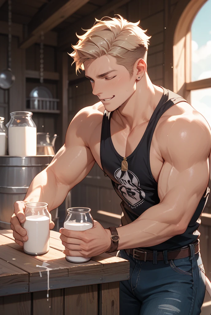 NSFW,SOLO MAN , TOTALLY NAKED MAN ,  tavern ambiance and  background、A handsome tall man standing (((Chris HEMSWORTH))) ,He is 28 years old，Thin waist, (((SHORT ARMY CUT BLOND HAIR)))，The pectoral muscles are well developed, He is 185cm tall，Weight 82 kg、blue eyes、BLOND hair color、short hair、totALLY naked showing his ercted cock、looking at the viewer ，Smile，RIDDING A BEER BOTTLE ON THE TABLE 