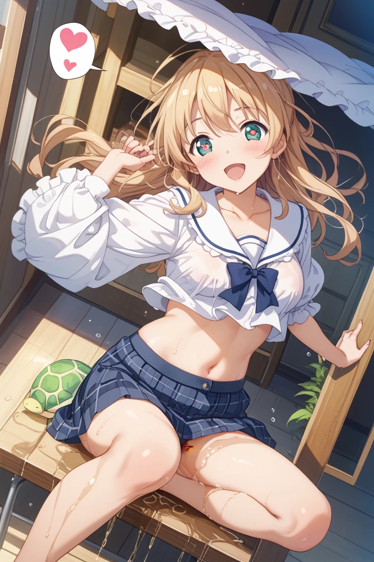 (highest quality:1.4)、High resolution、detailed background)、anatomically correct、attractive thighs、A low-angle close-up highlighting the crotch of her panties、Super close-up shot from directly below、beautiful age girl、Super detailed panty stitching、Detailed crotch depiction、White sheer sleeveless sailor dress、cold eyes、Looking at me with a troubled expression、blushing、camel toe