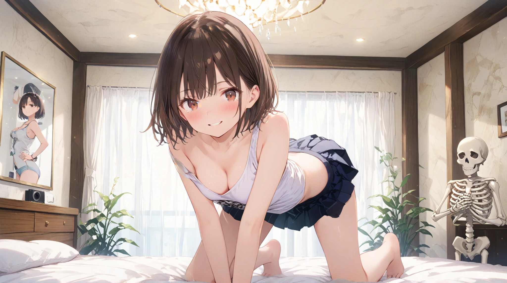 5-year-old girl, in underwear, small breasts, patterned cotton panties, fabric realistic, slip