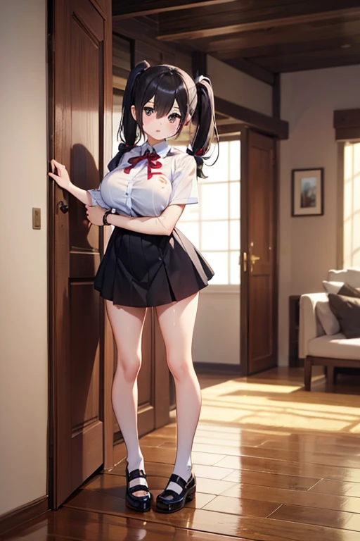 realistically, glowing eyes, white short skirt, extra short skirt, Blush, daytime, Wet from the rain, see through, sleeveless shirt, nipples, pussy, crotch, shy, Lie down on your knees., windy, mikan yuki, the skirt is turned up, tired, highest quality, High resolution, highly detailed face, perfect lighting, Very detailed CG, perfect hands, perfect ???????, Hand open skirt, seduce expression, semen drip from pussy, bottomless, view from below,