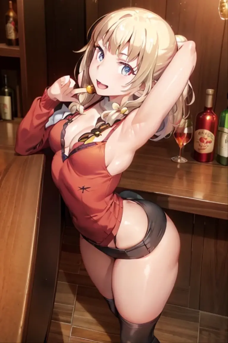 Himiko Toga, rabbit costume, Front view, huge tits, tight lingerie, showing the soles of the feet, oiled skin, moist skin, warm lighting, on a table in a bar, blushing expression, blonde, (gtallado art), Realistic skin, realistic shading, rtx, ((super details)), sexy art, Here are souls, beautiful, sexy woman, Open your legs