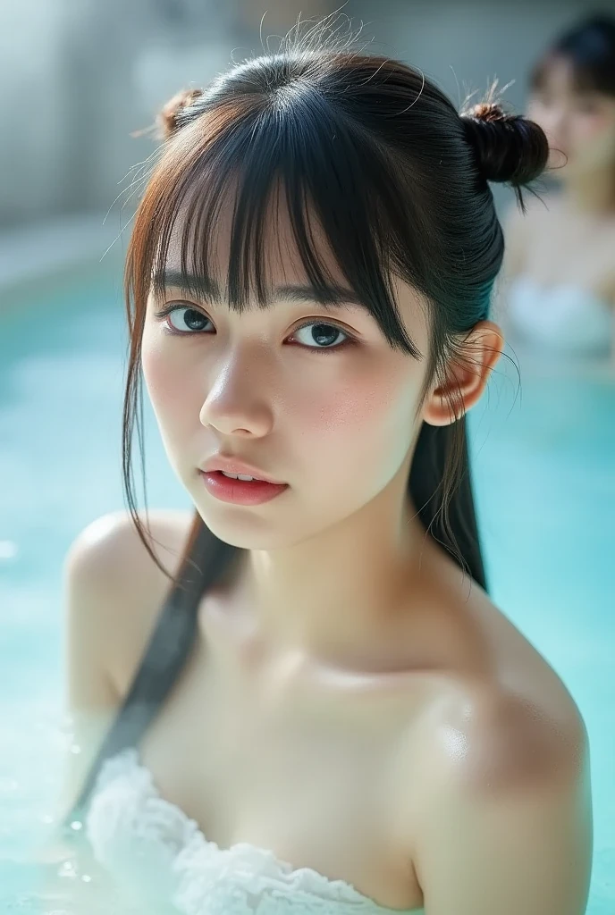 ((of the highest quality, 8K, masutepiece: 1.3, Raw photo)), Sharp Focus: 1.2, (1 AESPA Girl :1.1), Solo, (Realistic, Photorealistic: 1.37), (Face Focus: 1.1), Cute face, hyperdetailed face, short messy hair, Small Smile, Small breasts, flat chest, (open-air bath at night in a hot spring inn in Japan: 1.2), (blush: 1.2), (naked: 1.3), (updo: 1.2), (girl is soaking in hot water: 1.3), (night:1.5), (water vapor:1.2), ((Towel is hiding from chest to locality, naked towel, wearing bath towel: 1.3)), moon light