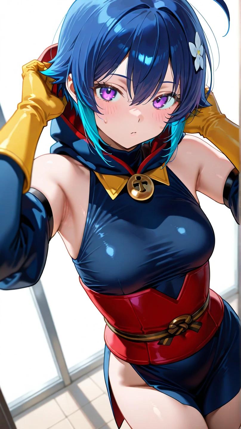 , score_8_up, score_7_up,score_6_up, score_5_up, score_4_up , 1girl, solo, ((Split hair)), ((brown hair)), ((blue hair)). heterochromia, brown eyes and red eyes, yuri, dougi, spandex, headband, fingerless gloves, , brown hair, brown eyes, single braid, kula, blue hair, red eyes, bodysuit, gloves, zipper, happy, cowboy shot, simple background