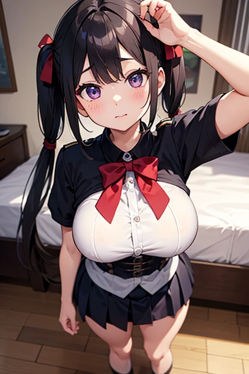 Mine series Two Toneの髪 pink black G cup skirt Thighhighs choker ribbon bob masterpiece highest quality High resolution greenい目 short sleeve blackい服 big breasts Two Tone Show panties bra underwear Show bra shame earrings shyness red面 female brat Erotic sexual adult inner color disgusting face cute Estrus white red green purple