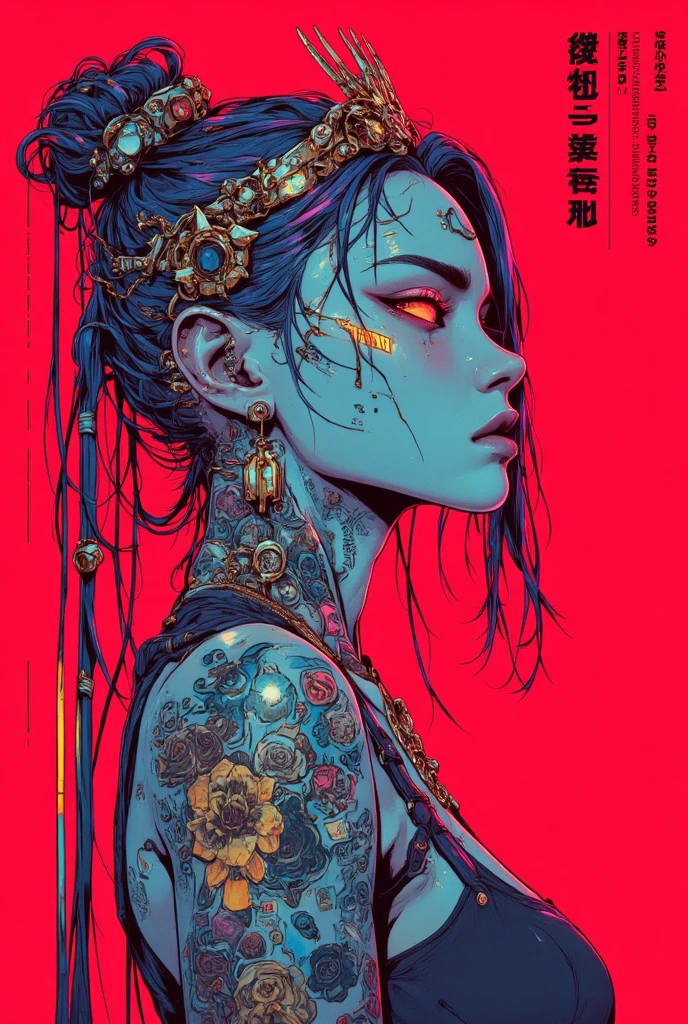 Rated R, nsfw, sexy female cyborg, magazine cover, poster art , Lovecraftian horror tattoos, hint of vibrant, bold huge text, matted design layout.