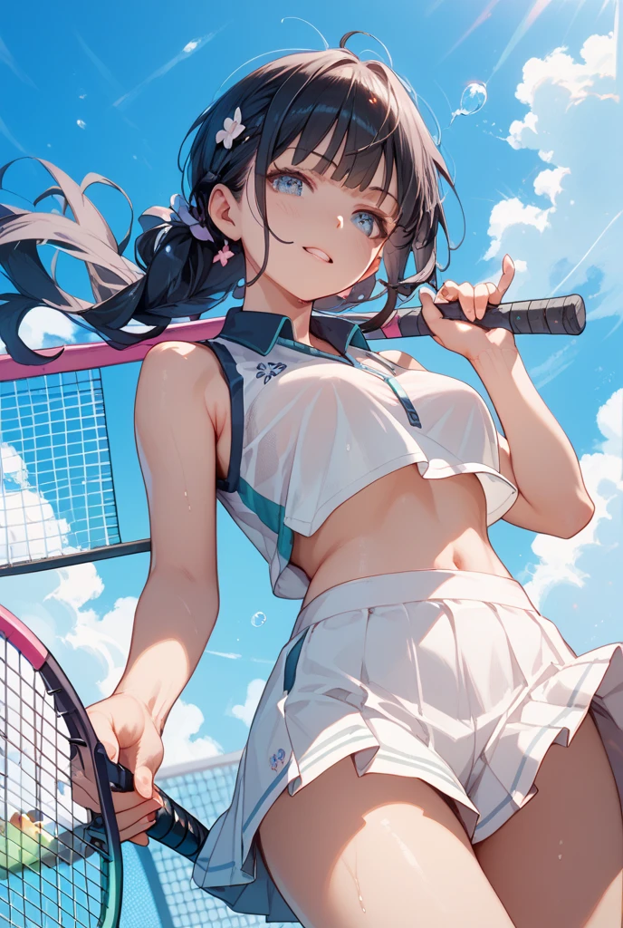 Highest quality、High resolution、Detailed Background、(Beautiful face in every detail:1.4)、Anatomically correct、(Detailed eyes:1.2)、Teenage beauty、cute hair color、Braided Ponytail、Braided bob cut、Braided twin tails、A fun atmosphere、Friendship and fulfillment felt through tennis、Tennis court、Cute colored frilly panties、
(With a happy look on her face, she lifts her skirt to show her panties.:1.5)、Panty Shot、
Running on the white coat, blown by the fresh wind、Strength in the hands that grip the racket、
Concentrate on each ball and hang on to your opponent、Immersed in the world of competition, my heart is racing、
Win or lose, hold hands with your friends、The bond of mutual admiration grows deeper、
The joy of sweaty skin、A dazzling smile blooms and fun times flow、
T-shirts and tank tops are recommended.、skirt、Shorts、Leggings etc.、
When it comes to skirts, short styles are the trend、White pleated tennis skirt、
Choose a sole material for tennis、Wristband、hair band、Socks etc.、Be mindful of the balance between functionality and cuteness、Colorful and stylish design、cute