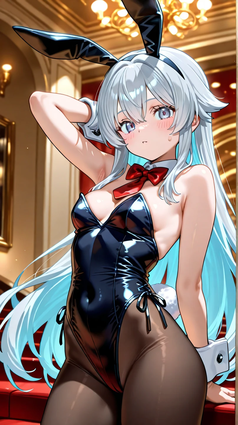 1girl,solo,full body,standing,(blonde hair:1.4), long hair, bangs,hair between eyes, wavy hair,(blue eyes:1.2),(beautiful fingers:1.6),(perfect anatomy:1.4),(arms_behind_back:1.6),(cold_shoulder:1.2),(pastel blue leather lace glossy silk lamé one-piece_swimsuit:1.4),(latex luster shiny glossy metallic:1.4),(shiny_clothes:1.4),small breasts,masterpiece,best quality,(Ultra high definition eyes:1.2),8k,(Beautiful detailed eyes:1.2),(Fine and beautiful eyes:1.2),(pretty eyes:1.2),finely detail,extremely CG, absurdres,high resolution,illustration,Detailed and beautiful outlines,finely detail,high resolution,(colorful refraction:1.4,Increase saturation:1.2),beautiful lighting,dynamic lighting,closed room,black background,simple background, smile,looking at viewer,Shizuka Yoshimoto,100kano,red ribbon, neck ribbon, armband, pastel green sweater vest,(white Clear PVC sheets sleeves:1.4),(sheer sleeves:1.4),(see-through sleeves:1.4),(wide sleeves:1.2),(pastel blue thigh boots:1.2)