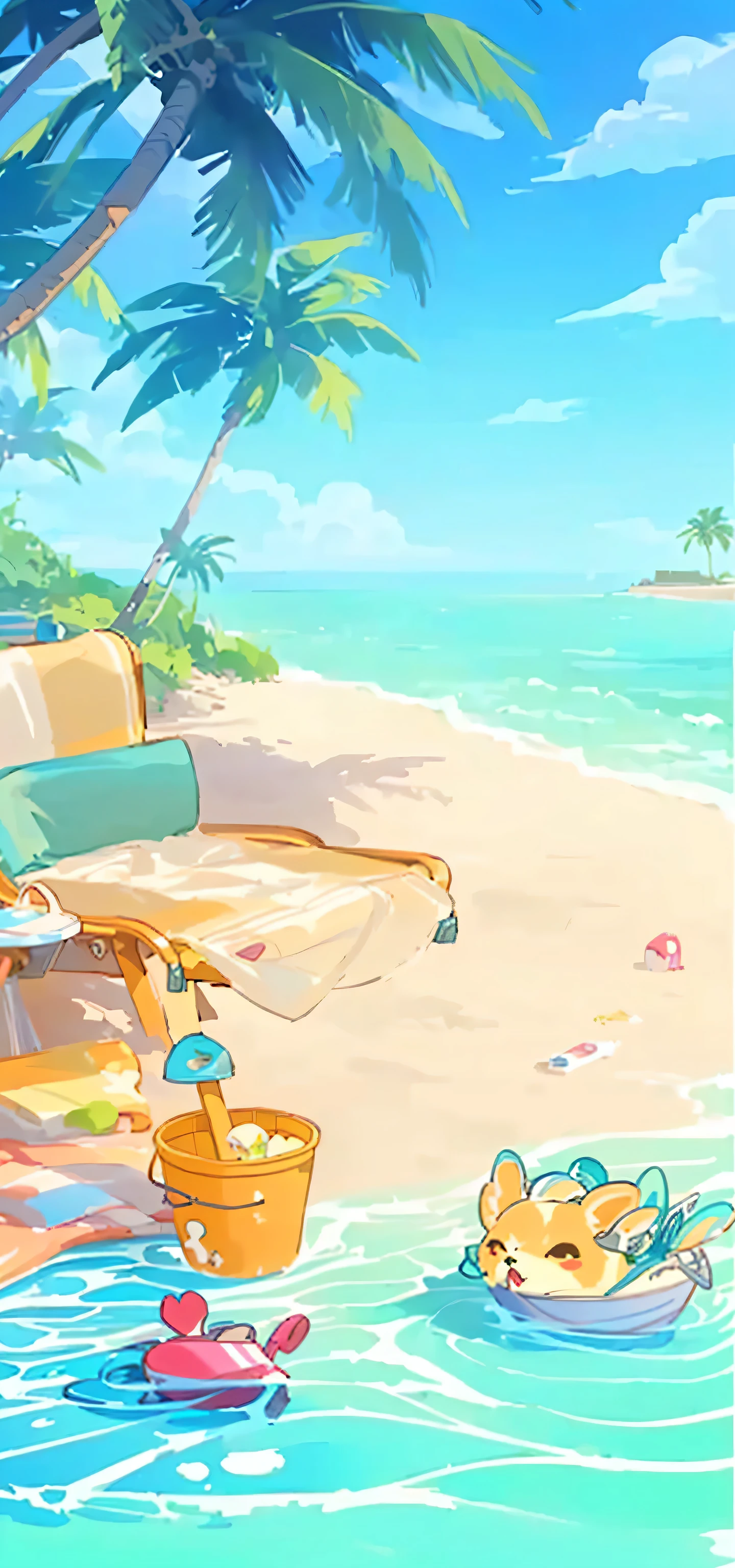cartoon beach scene with a chair, bucket, and toys, background art, beach background, island background, seaside backgroud, magical beach, breezy background, relaxing concept art, relaxing at the beach, background artwork, mobile game background, it's is relaxing on a beach, relaxing on the beach, beach aesthetic, treasure background, beach setting, sitting at the beach