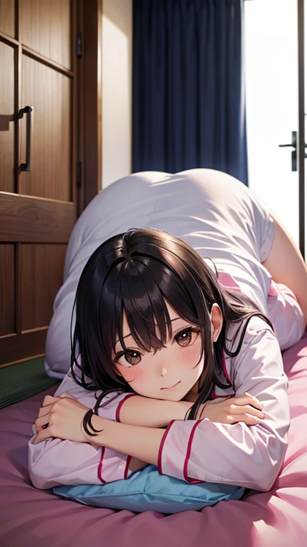 1Girl, solo, dark hair, long hair, in underwear, (background is bedroom bed), lying down, (on all fours:1.0), beautiful big tits:1.3, embarrassed face, blushing, pretty girl, sweaty wet skin, sunset, high quality, high res, detailed, masterpiece